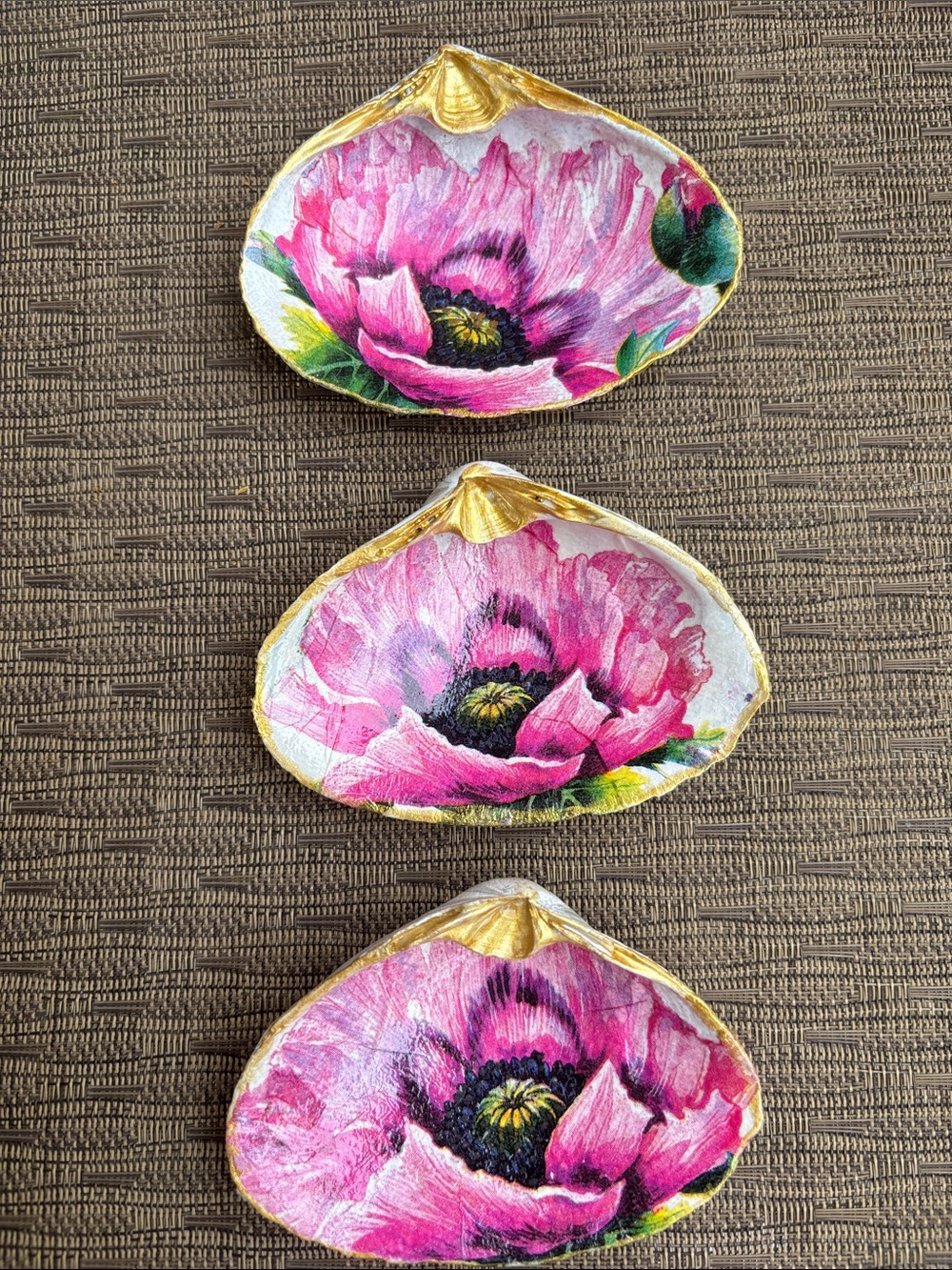 Handmade Pink Floral Decoupaged Atlantic Clam Shell Trinket Dishes Gold Trim